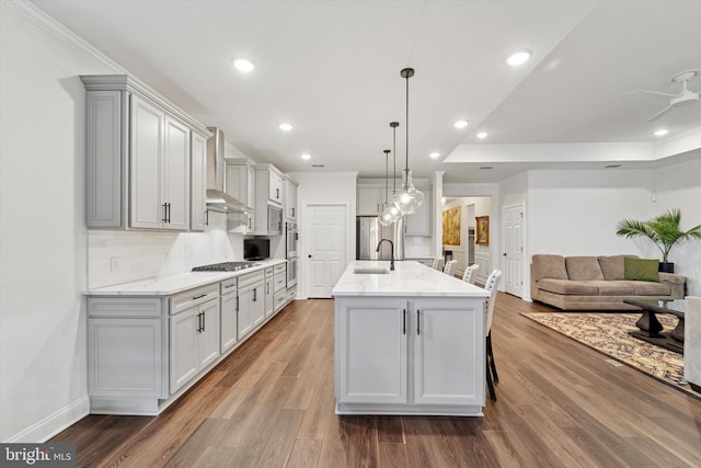 kitchen featuring decorative backsplash, appliances with stainless steel finishes, open floor plan, wood finished floors, and a sink