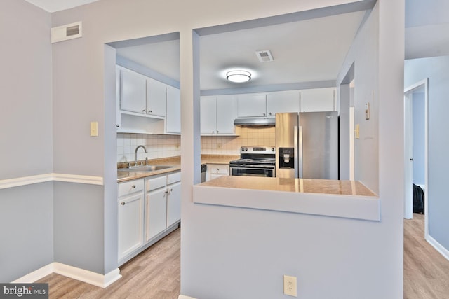 kitchen with light wood-style floors, appliances with stainless steel finishes, under cabinet range hood, and a sink