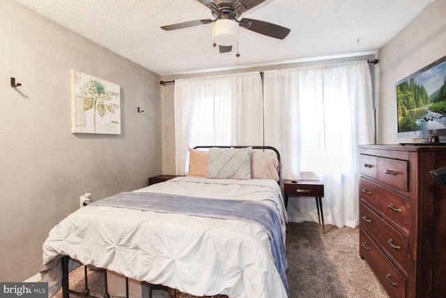 bedroom featuring a ceiling fan, carpet, and a textured ceiling