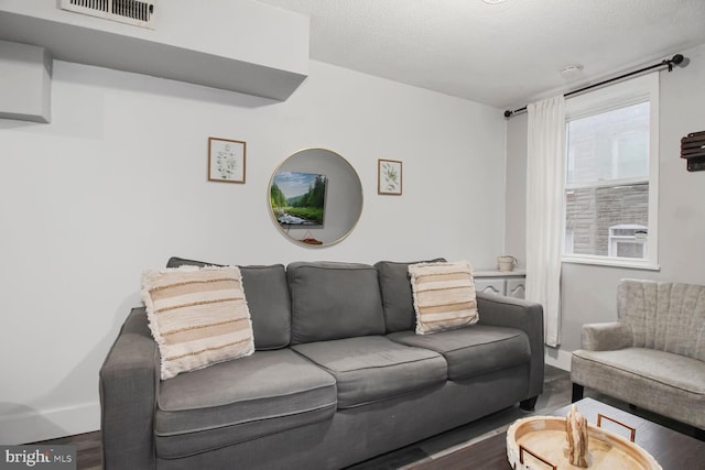 living area featuring visible vents, a textured ceiling, and wood finished floors