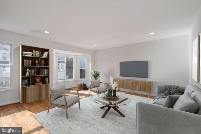 living area featuring recessed lighting, wood finished floors, and baseboards