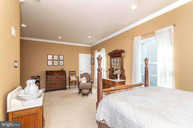 carpeted bedroom with ornamental molding, recessed lighting, and baseboards