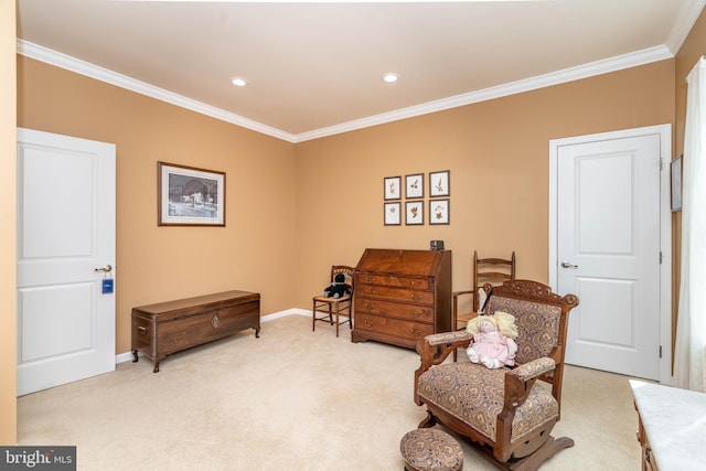 sitting room with light carpet, baseboards, ornamental molding, and recessed lighting