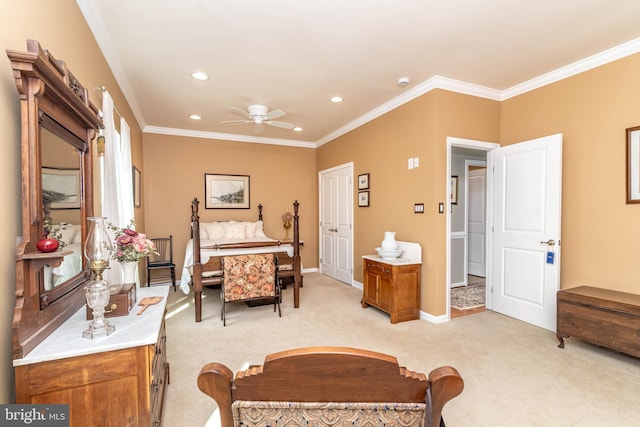 bedroom with ornamental molding, recessed lighting, light carpet, and baseboards