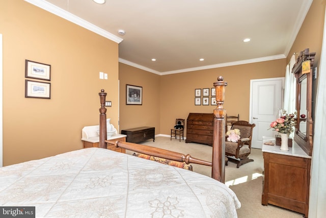 bedroom featuring light carpet, baseboards, ornamental molding, and recessed lighting