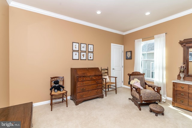 living area with ornamental molding, recessed lighting, light carpet, and baseboards