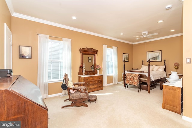 bedroom with light carpet, baseboards, and ornamental molding