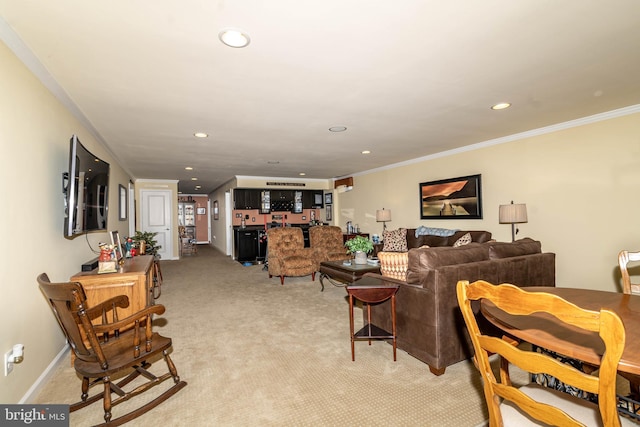 living room featuring light carpet, recessed lighting, and crown molding