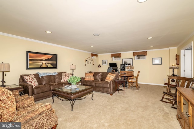 living room featuring light carpet, baseboards, crown molding, and recessed lighting