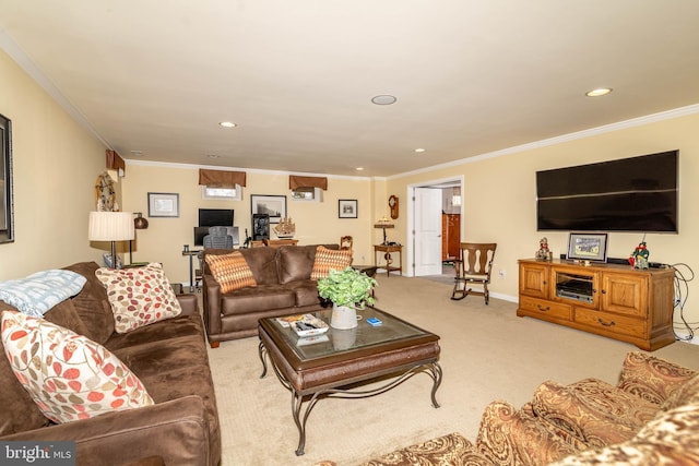 living area featuring carpet floors, crown molding, and recessed lighting