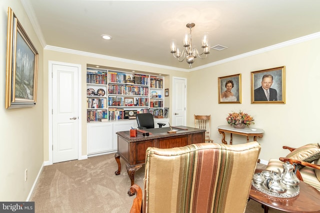 carpeted home office with crown molding, baseboards, visible vents, and a notable chandelier