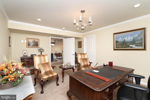 office area featuring ornamental molding, recessed lighting, light colored carpet, and a notable chandelier