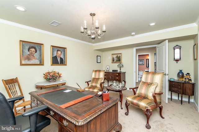 office space featuring a notable chandelier, light carpet, visible vents, baseboards, and crown molding