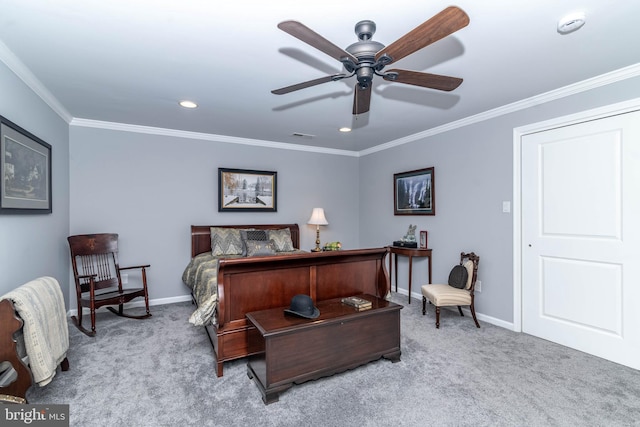 bedroom featuring ceiling fan, recessed lighting, baseboards, ornamental molding, and carpet