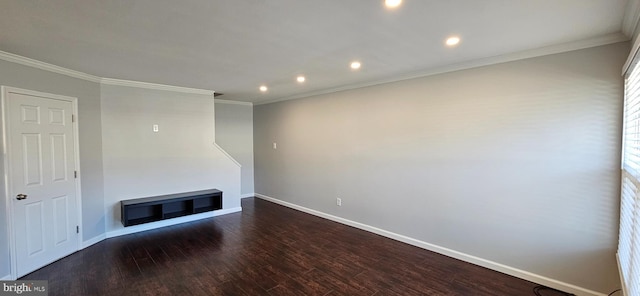 unfurnished living room with baseboards, dark wood finished floors, crown molding, and recessed lighting