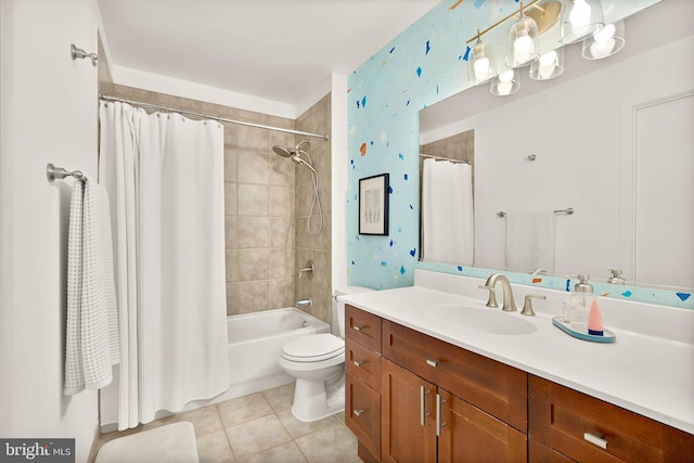 full bathroom featuring vanity, tile patterned floors, toilet, and shower / bathtub combination with curtain