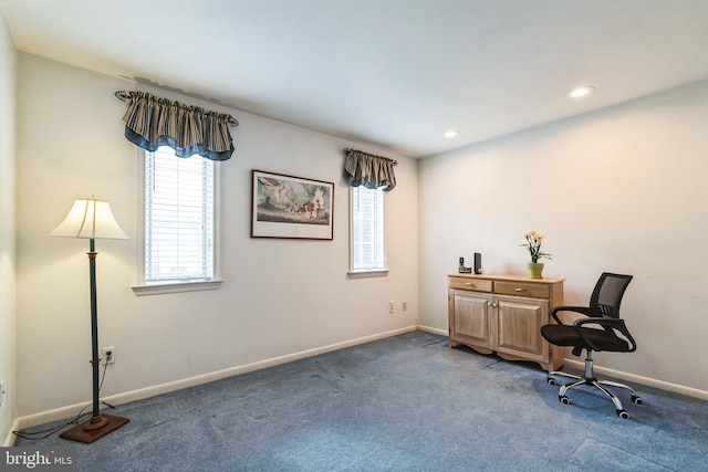 home office featuring baseboards, dark colored carpet, and recessed lighting