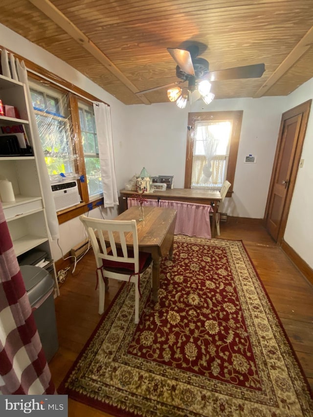 dining space with a ceiling fan, wooden ceiling, baseboards, and wood finished floors