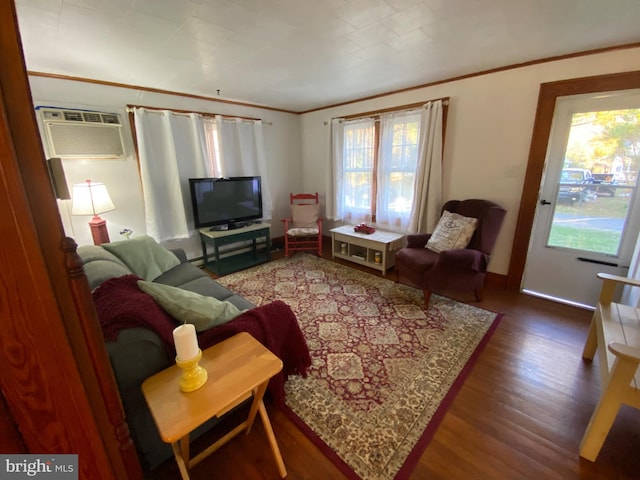 living area with ornamental molding, wood finished floors, and a wall mounted AC