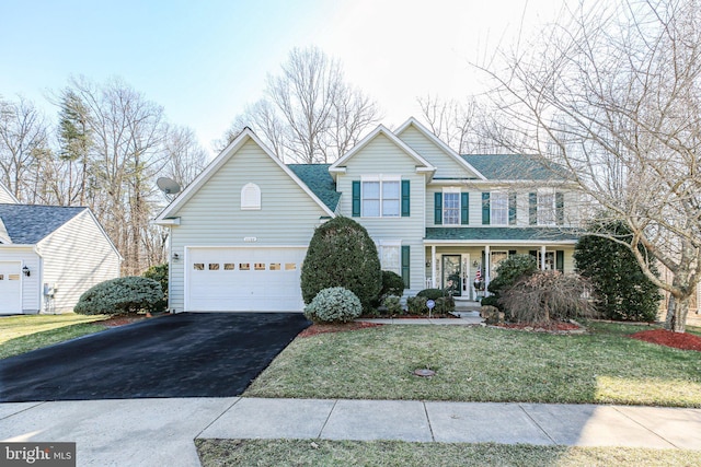 view of front facade with aphalt driveway, roof with shingles, a porch, and a front lawn