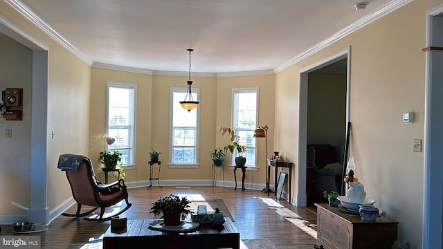 living area featuring baseboards, dark wood-type flooring, and crown molding