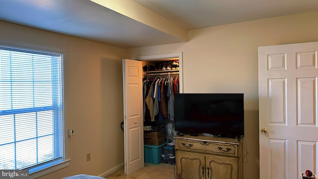 bedroom with a closet and light colored carpet