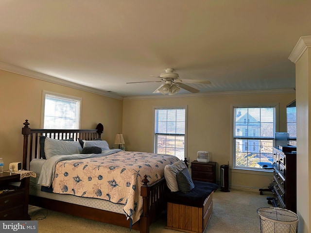 bedroom featuring light carpet, ceiling fan, and ornamental molding