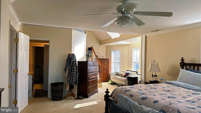 bedroom with lofted ceiling, visible vents, ornamental molding, a ceiling fan, and light carpet