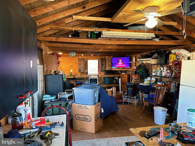 storage area featuring ceiling fan