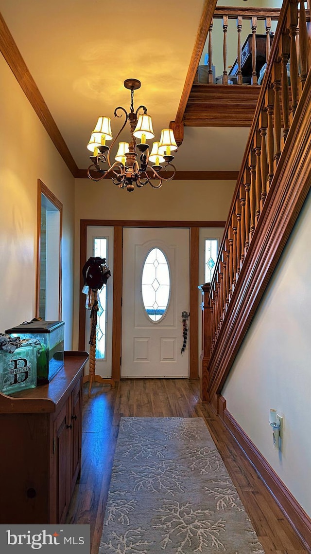 entrance foyer featuring stairs, ornamental molding, and dark wood-style flooring