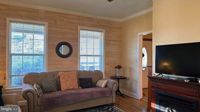 living area featuring a fireplace, plenty of natural light, wood finished floors, and crown molding