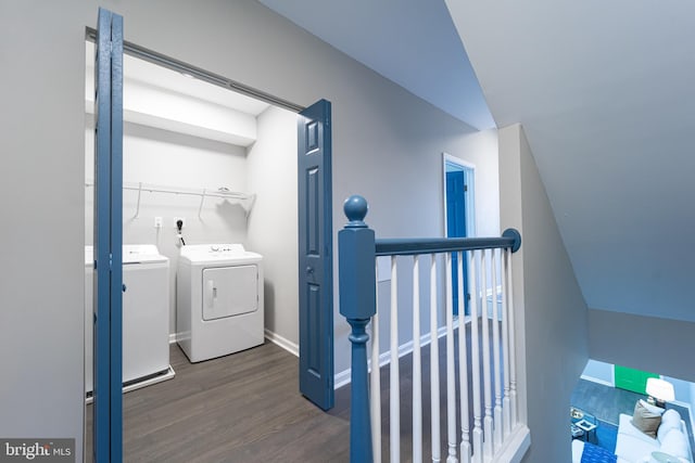 laundry room featuring laundry area, baseboards, washer and clothes dryer, and dark wood-style flooring