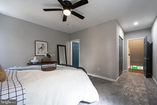 bedroom featuring carpet flooring, a ceiling fan, and baseboards