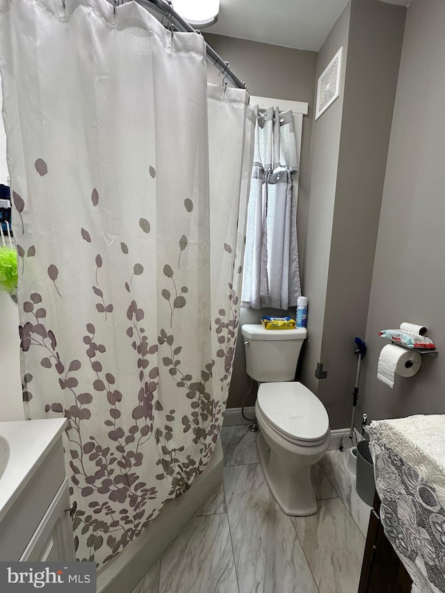 bathroom with visible vents, baseboards, toilet, marble finish floor, and vanity