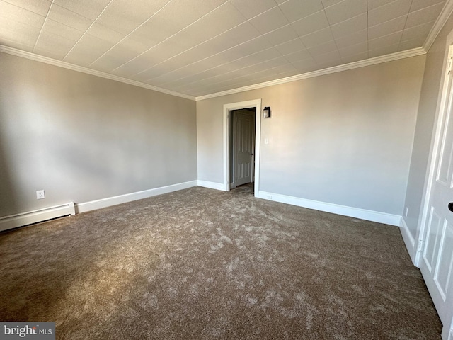 carpeted empty room with baseboards, baseboard heating, and ornamental molding