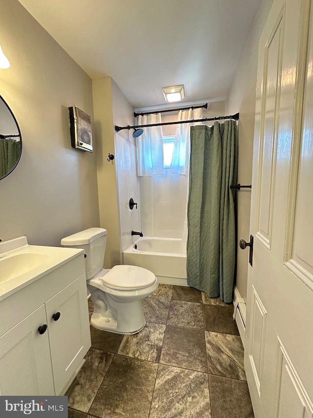 full bath featuring toilet, a baseboard heating unit, vanity, and shower / bath combo with shower curtain