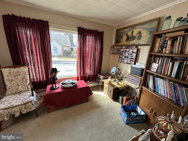 sitting room with ornamental molding and carpet floors