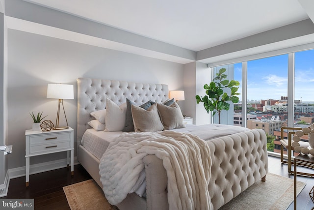 bedroom featuring a city view, dark wood finished floors, and baseboards