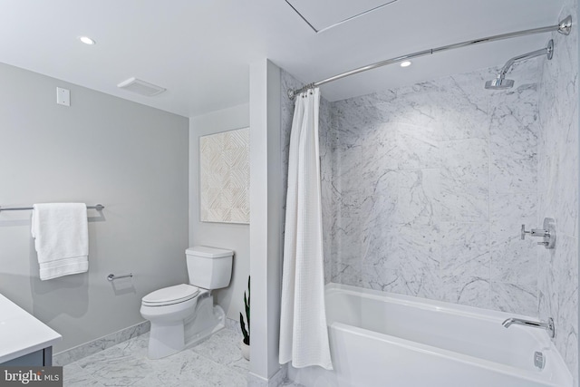 bathroom featuring visible vents, toilet, shower / tub combo with curtain, marble finish floor, and vanity