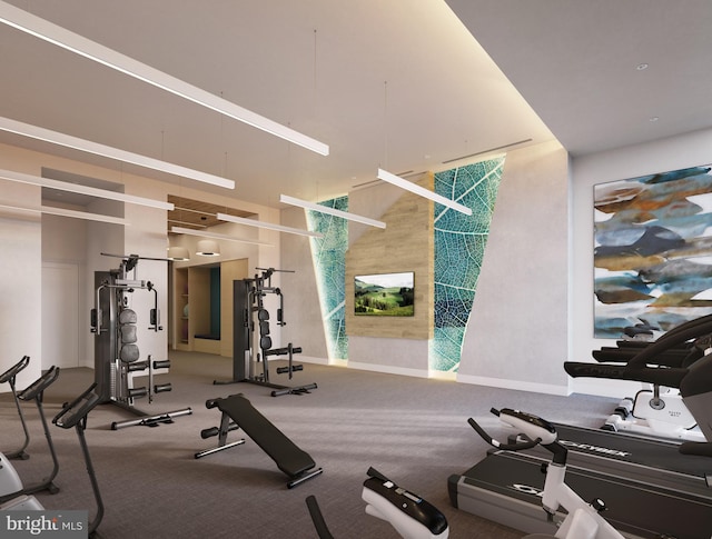 workout area featuring a towering ceiling and baseboards