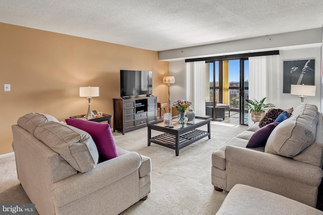 living room featuring light carpet and a textured ceiling