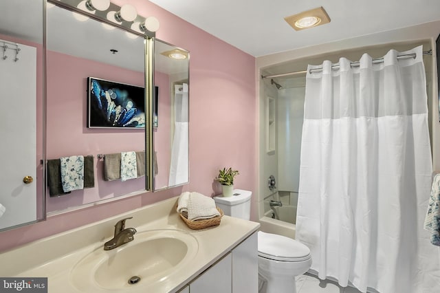 bathroom with shower / bath combo, tile patterned flooring, vanity, and toilet