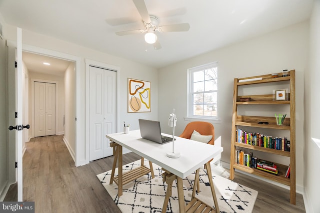 office space with ceiling fan, baseboards, and wood finished floors