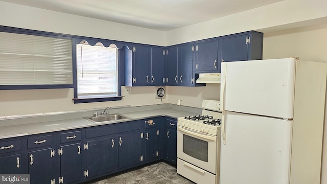 kitchen with blue cabinets, under cabinet range hood, white appliances, a sink, and light countertops