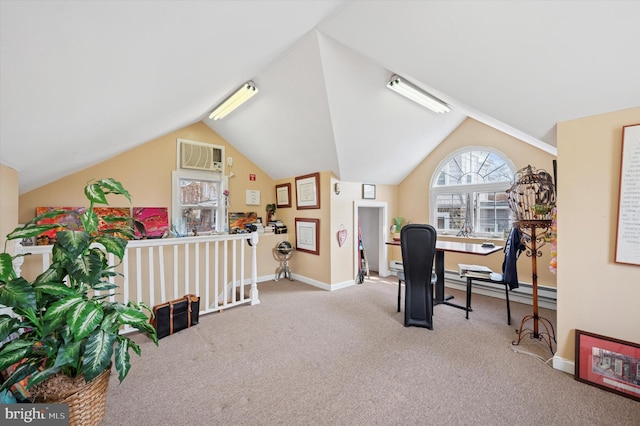 office with a wall mounted air conditioner, baseboards, lofted ceiling, and carpet