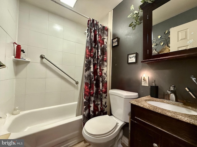 full bath featuring toilet, shower / bathtub combination with curtain, and vanity