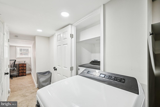 laundry area with baseboards, laundry area, recessed lighting, light colored carpet, and independent washer and dryer