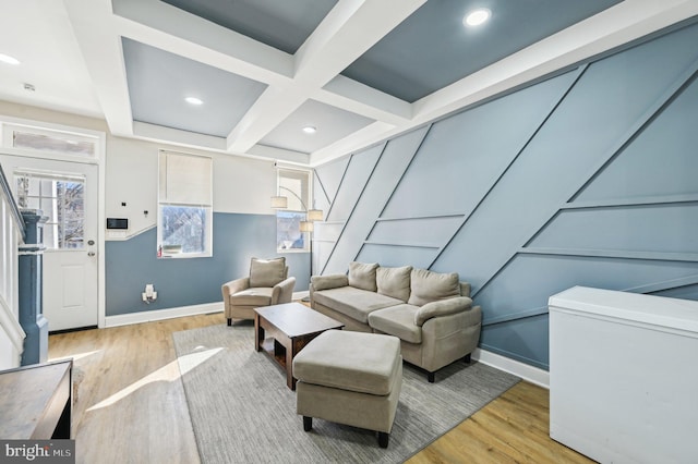 living area featuring wood finished floors, baseboards, coffered ceiling, recessed lighting, and beamed ceiling