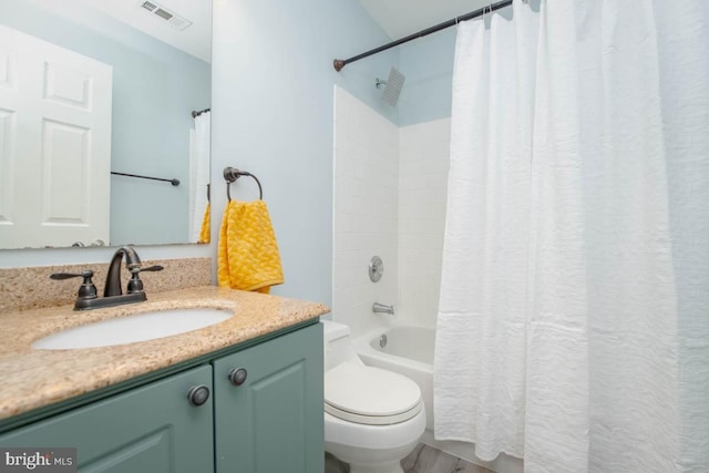 full bath with toilet, shower / bath combo, visible vents, and vanity