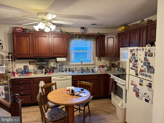 kitchen featuring white appliances, a sink, visible vents, a ceiling fan, and light countertops